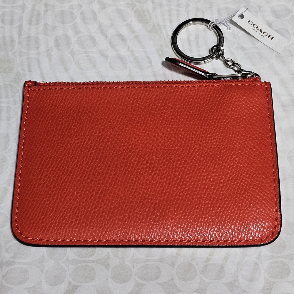 COACH F64064 KEY POUCH WITH GUSSET IN CROSSGRAIN LEATHER Bright Orange New 🧡🧡 - Picture 2 of 7